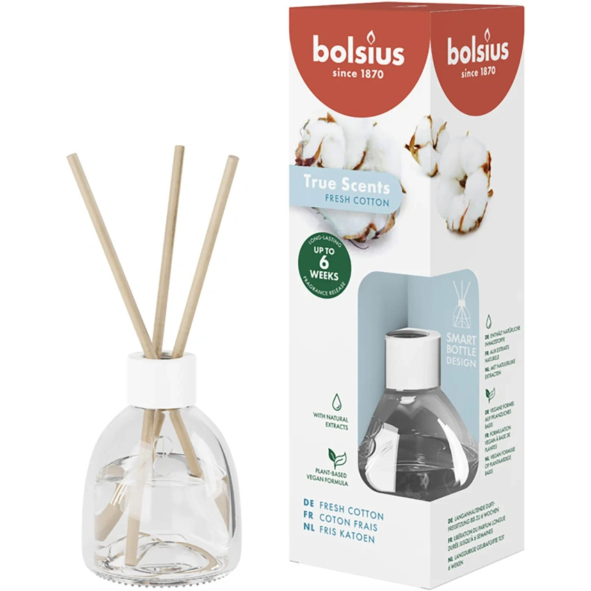 Bolsius True Scents difusor de fragancia en varillas vidrio 60 ml - Fresh Cotton Algodón Fresco