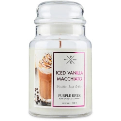 Duża sojowa świeca zapachowa w szkle kawa mrożona Iced Vanilla Macchiato Purple River 623 g