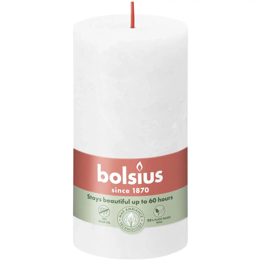 Bolsius świeca bryłowa pieńkowa rustykalna słupek Rustic Shine 130/68 mm 13 cm - Mroźna Biel Cloudy White