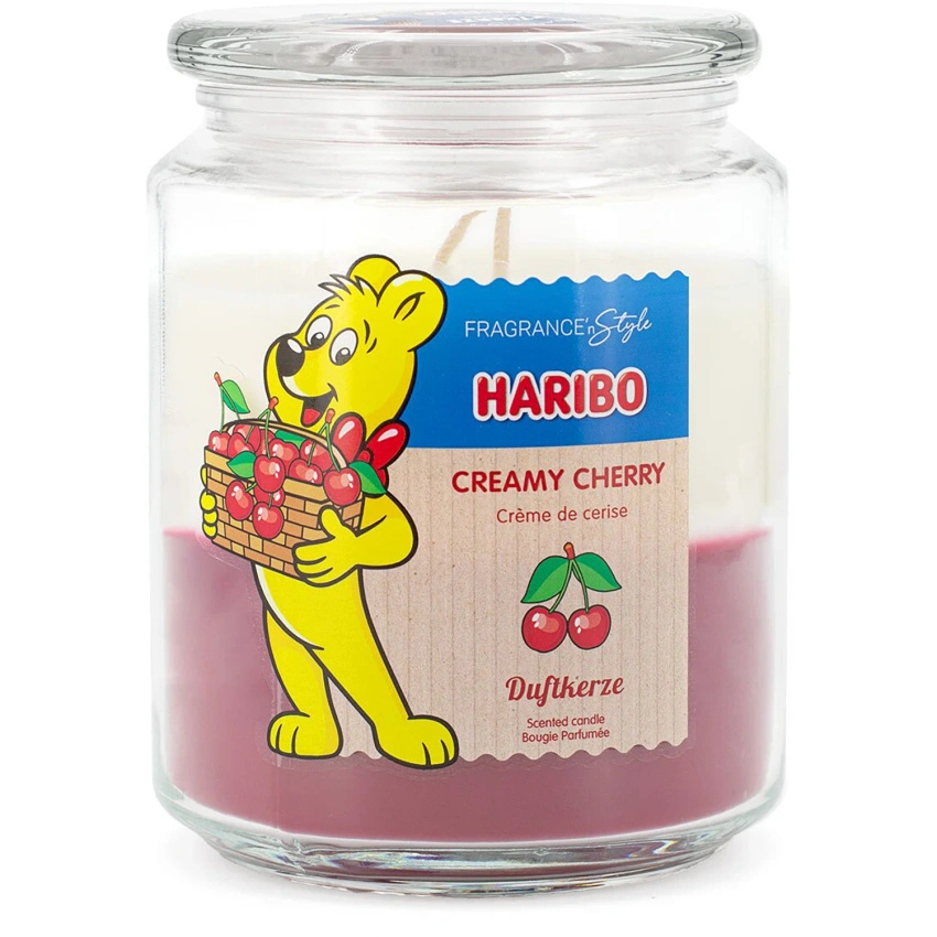 Haribo grande bougie parfumée en verre 2en1 Creamy Cherry bonbons gélifiés cerise cola vanille 510 g