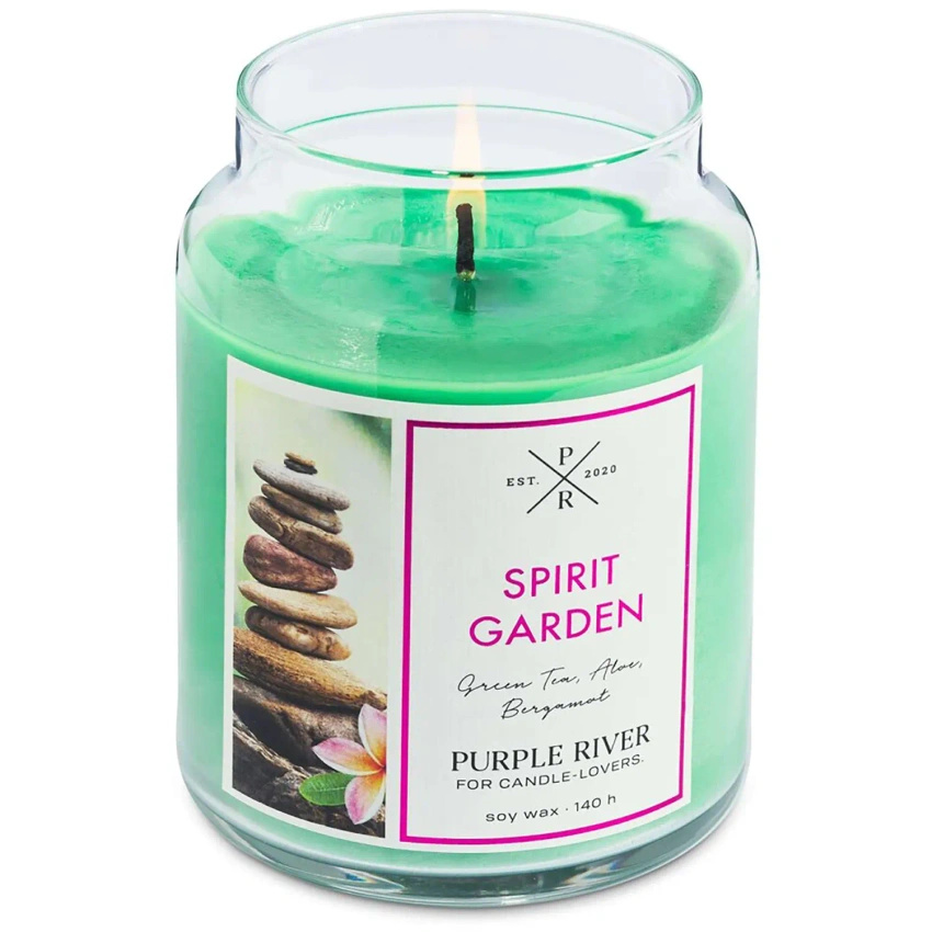 Candela di soia profumata in vetro grande tè verde aloe Spirit Garden Purple River 623 g