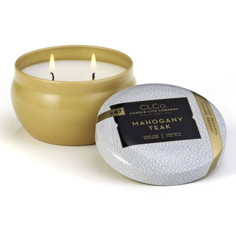 Bougie parfumée dans une boîte en métal avec deux mèches Mahogany Teak Candle-lite 177 g