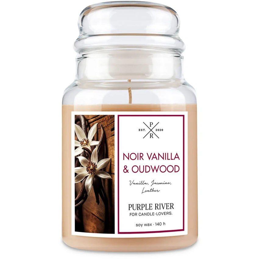 Vela perfumada grande de soja en vidrio vainilla oriental Noir Vanilla Oudwood Purple River 623 g