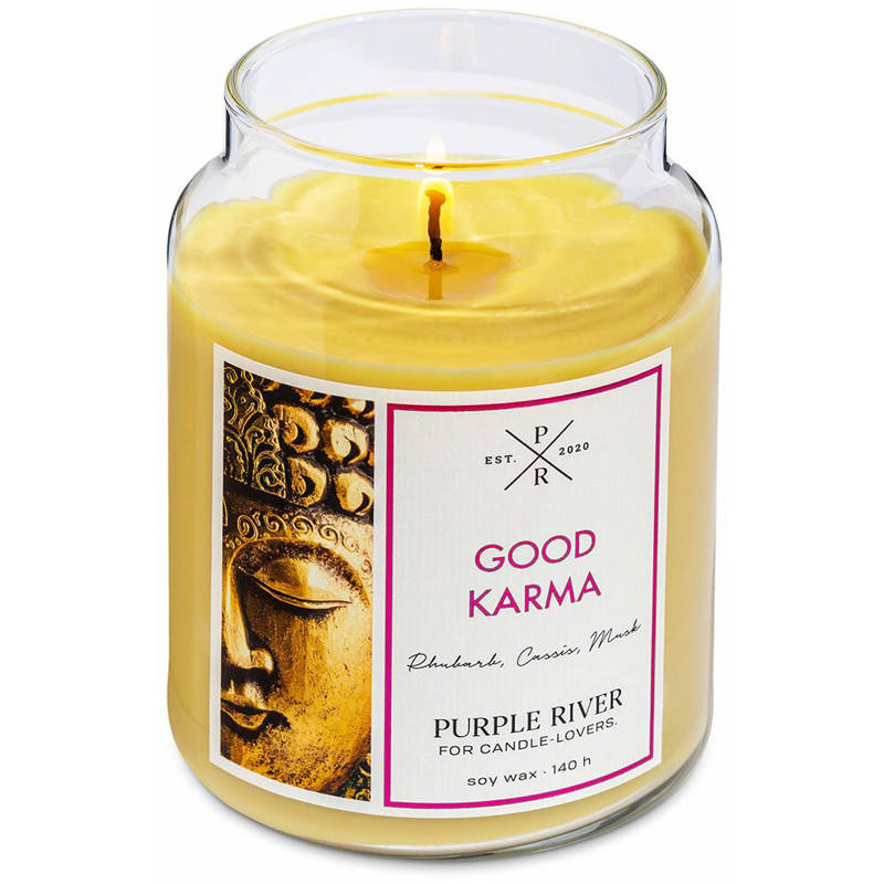 Candela di soia profumata in vetro grande rabarbaro muschio Good Karma Purple River 623 g