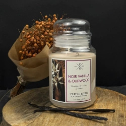 Grande bougie parfumée au soja dans un verre vanille orientale Noir Vanilla Oudwood Purple River 623 g
