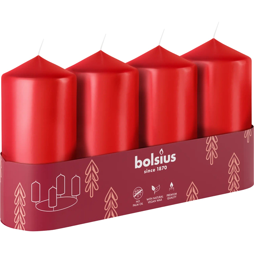 Bolsius sada 4 adventních svíček bez vůně 10 cm 100/48 mm - červená