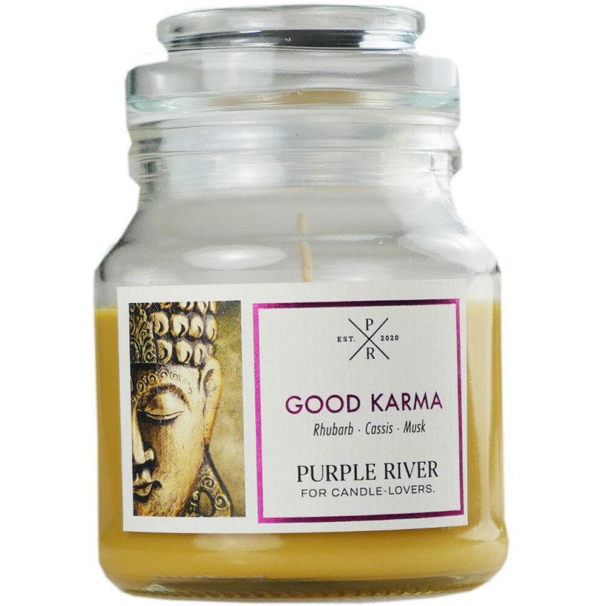 Bougie parfumée de soja en verre rhubarbe musc Good Karma Purple River 113 g
