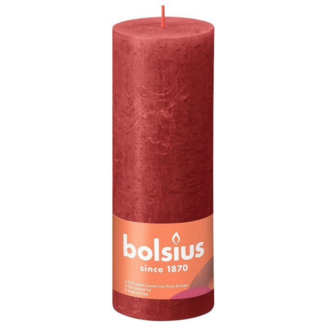 Bolsius świeca bryłowa pieńkowa rustykalna słupek Rustic Shine 190/68 mm 19 cm - Delikatna Czerwień Delicate Red