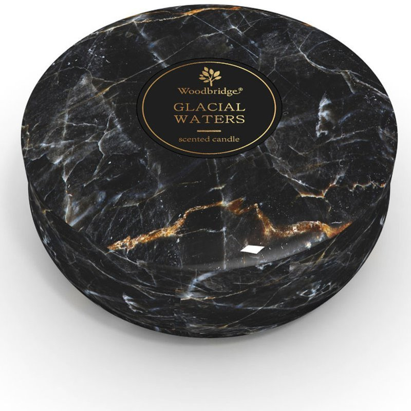 Grande bougie parfumée marbre dans une boîte en métal à trois mèches Glacial Waters Woodbridge Candle 470 g