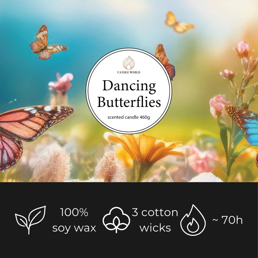 Candle World sojová vonná svíčka 3 knoty Dancing Butterflies 460 g Jasmine Peach