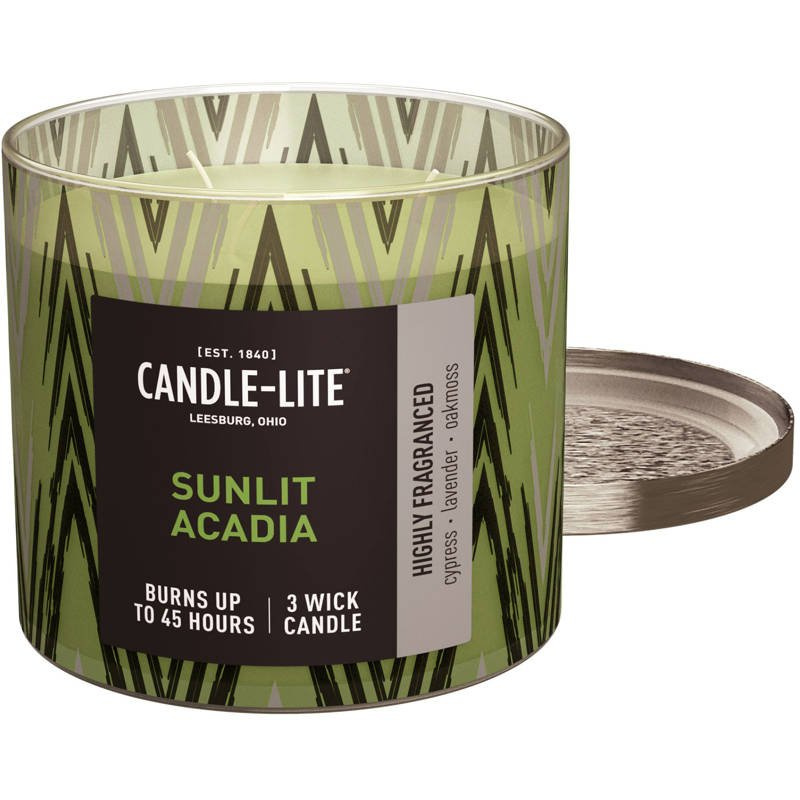 Candela profumata grande in vetro con stampa 3 stoppini Sunlit Acadia Candle-lite 396 g