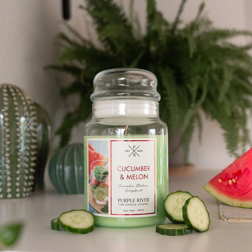 Duża sojowa świeca zapachowa w szkle ogórek arbuz Cucumber Melon Purple River 623 g