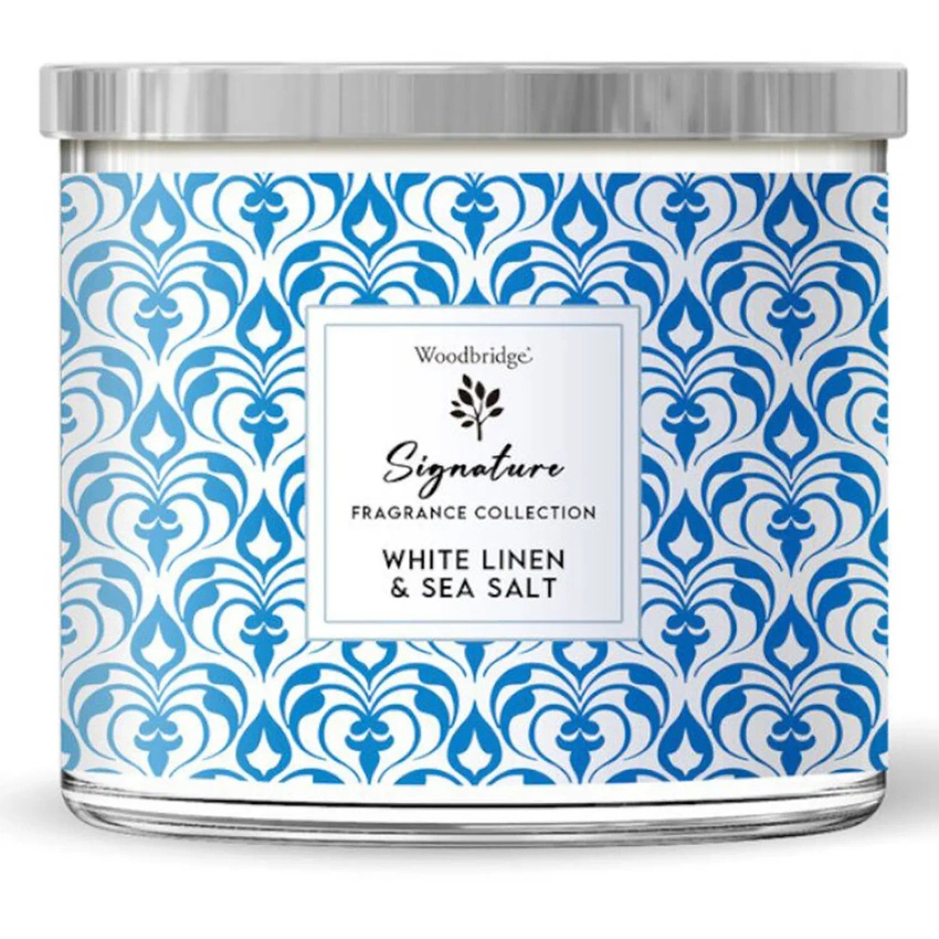 Vonná svíčka ve skle 3 knoty - White Linen Sea Salt Woodbridge