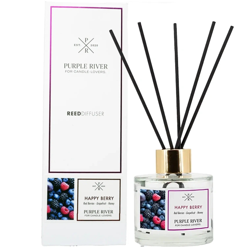 Diffusori a bastoncini in bottiglia di vetro confezionata in una scatola Happy Berry Purple River 100 ml