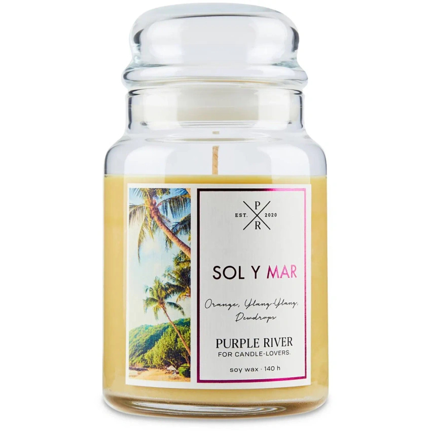 Grande bougie de soja parfumée en verre hibiscus orange mangue Sol y Mar Purple River 623 g